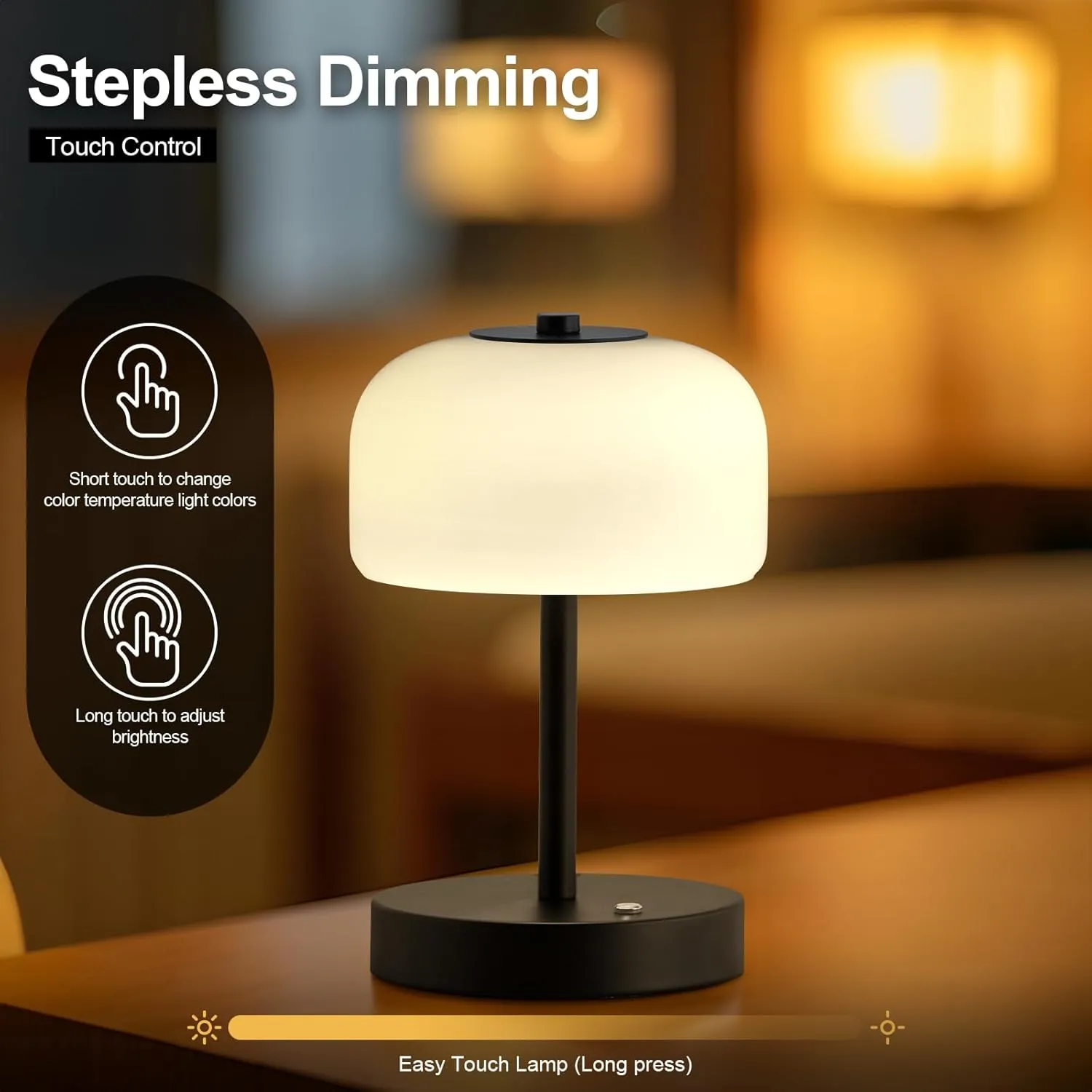 PORTRES Cordless Table Lamp Rechargeable Battery Operated Mushroom lamp Opal Glass Shade 3 Way Dimmable LED Touch Outdoor Lamp for Camping Bedroom Dining Living Room Beside Patio Restaurant