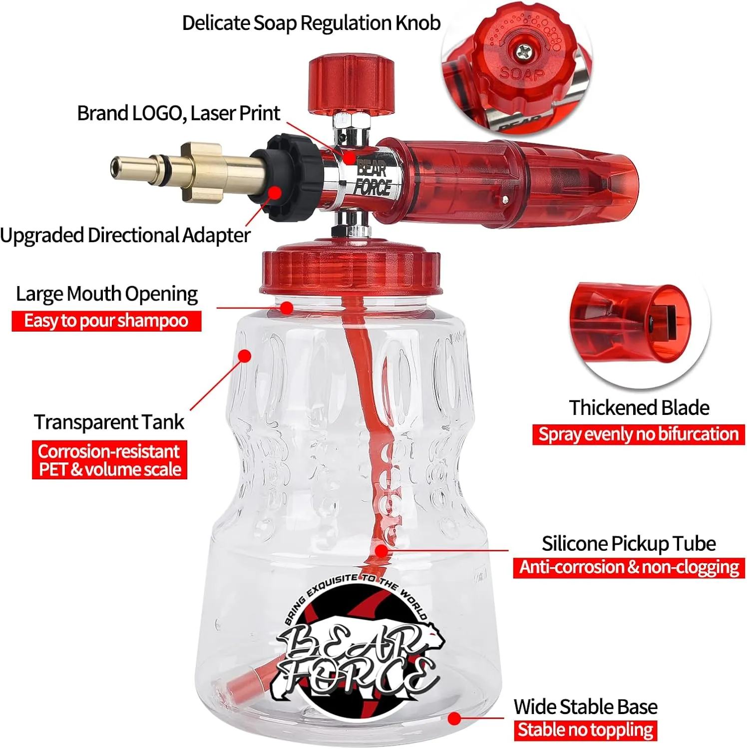 Pressure Washer Aluminium Red Foam Nozzle Cannon Generator Snow Lance with 1.25mm & 1.10mm Nozzle for Bosch, Black Decker, AR Blue Clean, Makita Pressure Washer