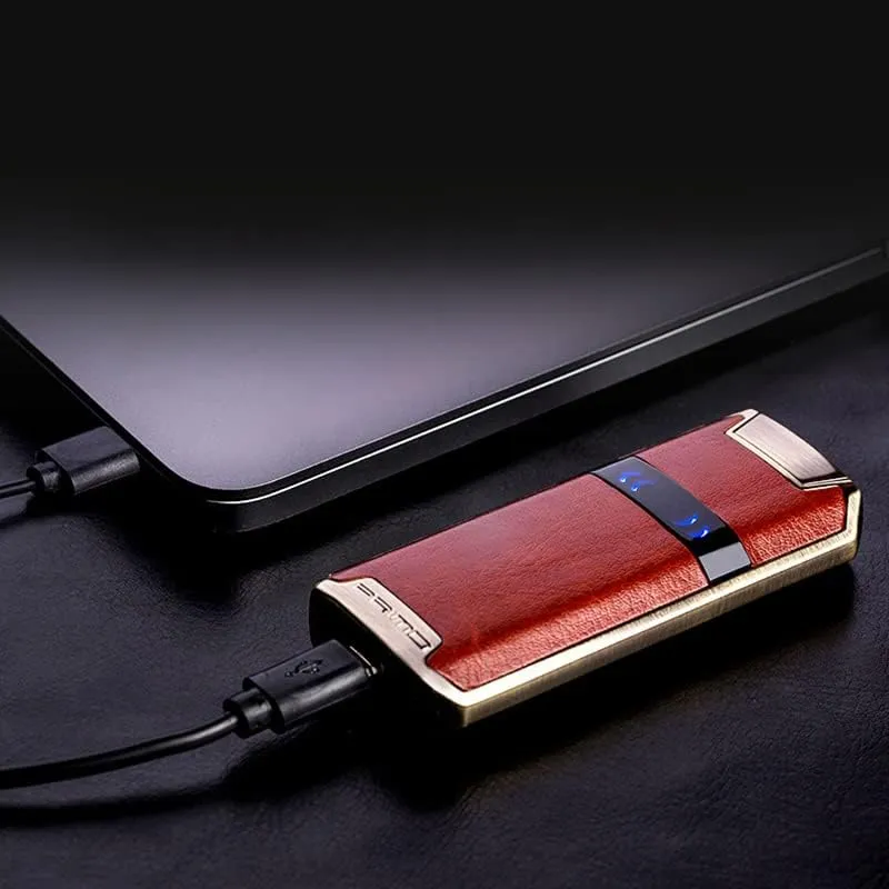 Primo Luxury Electric Lighter Dual Arc Plasma USB Rechargeable Lighter Leather Cover Touch Screen flameless Ignition arc Lighter with Gift Box (Black)