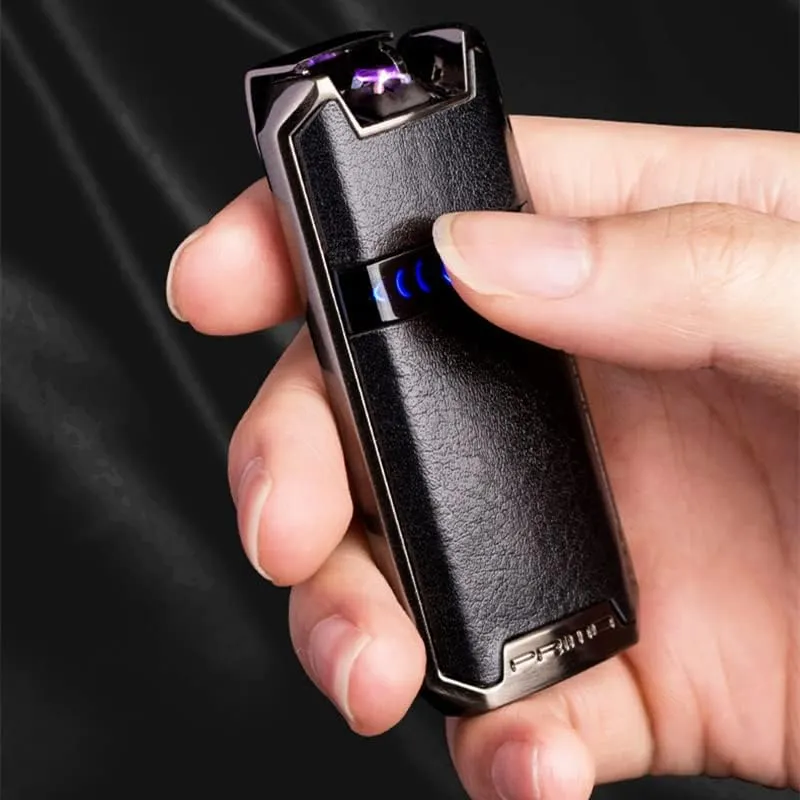 Primo Luxury Electric Lighter Dual Arc Plasma USB Rechargeable Lighter Leather Cover Touch Screen flameless Ignition arc Lighter with Gift Box (Black)
