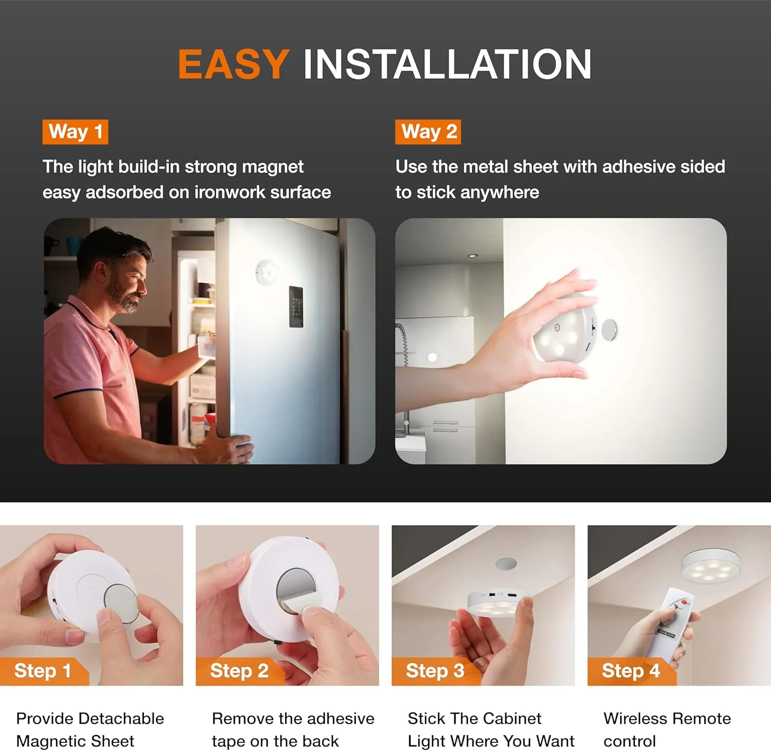 Puck Lights with Remote Control,1000mAh Rechargeable Under Cabinet Lighting,LED Closet Lights,3Pack Night Light,Cordless Stick On Lights for Under Cabinet,Hallway, Stairway,Closet (Cool White-6pcs)