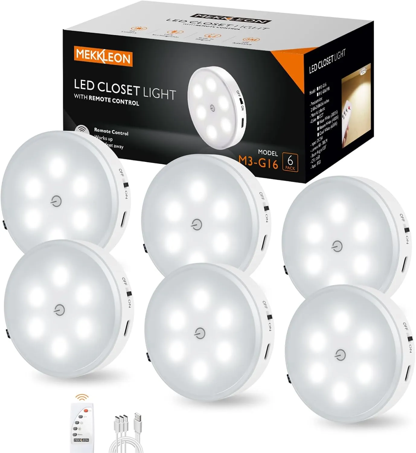 Puck Lights with Remote Control,1000mAh Rechargeable Under Cabinet Lighting,LED Closet Lights,3Pack Night Light,Cordless Stick On Lights for Under Cabinet,Hallway, Stairway,Closet (Cool White-6pcs)