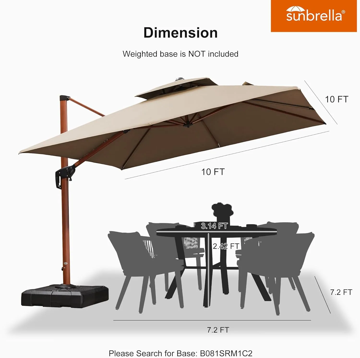 PURPLE LEAF 10 Feet Double Top Deluxe Wood Pattern Square Patio Umbrella Offset Hanging Umbrella Cantilever UmbrellaOutdoor Market Umbrella Garden Umbrella, Heather Beige