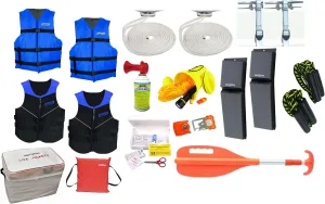 PWC Parts Ultimate Boating Starter Kit for All Boats w/Neoprene Life Jackets, Nyon Vests, Throw Cushion, 4X Dock Lines, Horn, Whistle, Contour Fenders, Gear Bag, First Aid Kit, Paddle (X-Large)