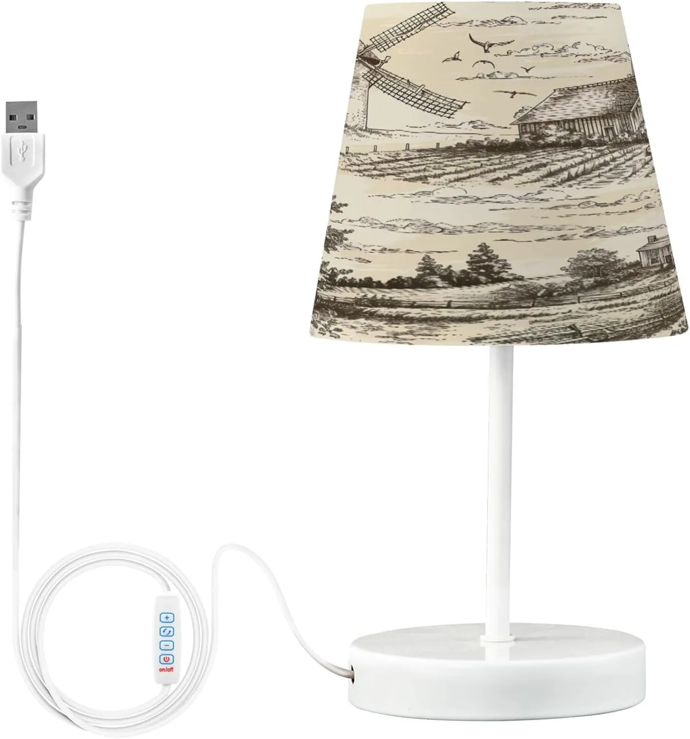 Qilmy Landscape with Windmill Bedside Lamp for Bedroom with LED Light Included, USB Charging Nightstand Lamp Button Switch Control for Living Room Bedroom Office