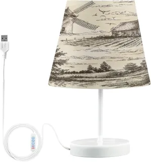 Qilmy Landscape with Windmill Bedside Lamp for Bedroom with LED Light Included, USB Charging Nightstand Lamp Button Switch Control for Living Room Bedroom Office