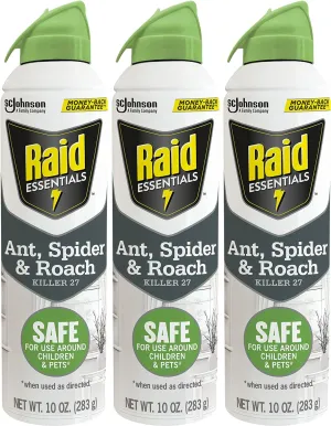 Raid Essentials Ant Spider, and Roach Killer Aerosol Spray, Child & Pet Safe, Kills Insects Quickly, for Indoor Use, 10 oz (Pack of 3)