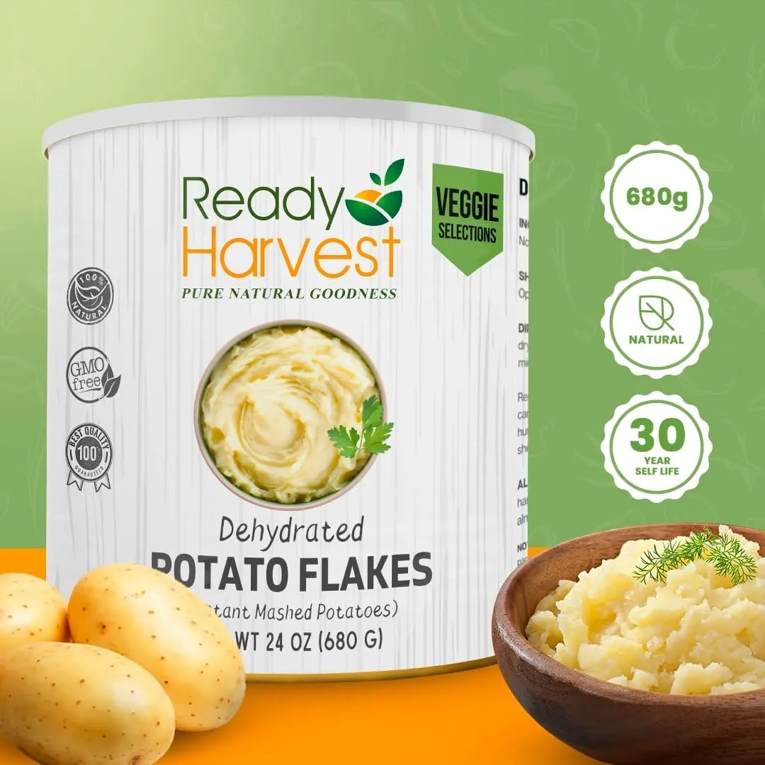Ready Harvest Dehydrated Food Potato Flakes for instant mashed potatoes | Camper Must-Haves Camping Essentials | Hurricane Preparedness Items, Survival Food, #10 Can | 25-Year Shelf Life | 6 Cans