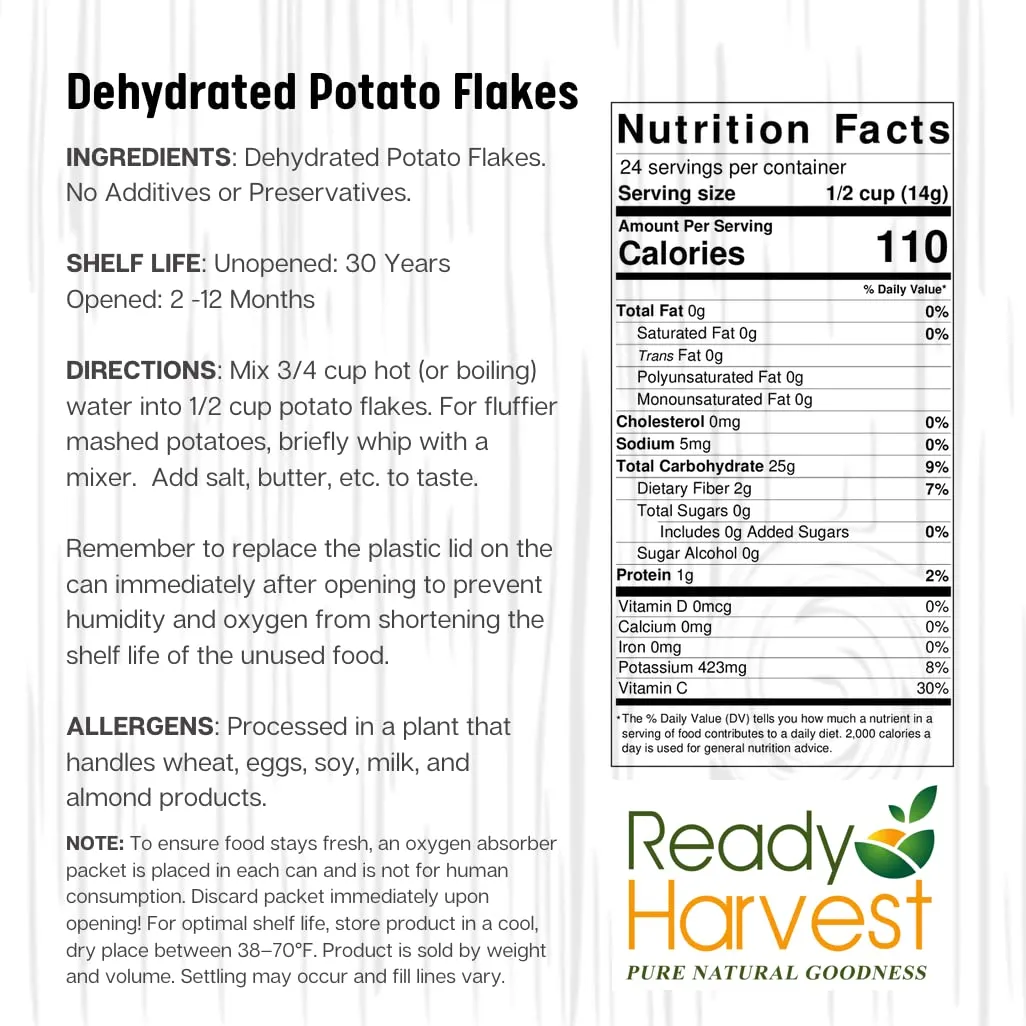 Ready Harvest Dehydrated Food Potato Flakes for instant mashed potatoes | Camper Must-Haves Camping Essentials | Hurricane Preparedness Items, Survival Food, #10 Can | 25-Year Shelf Life | 6 Cans