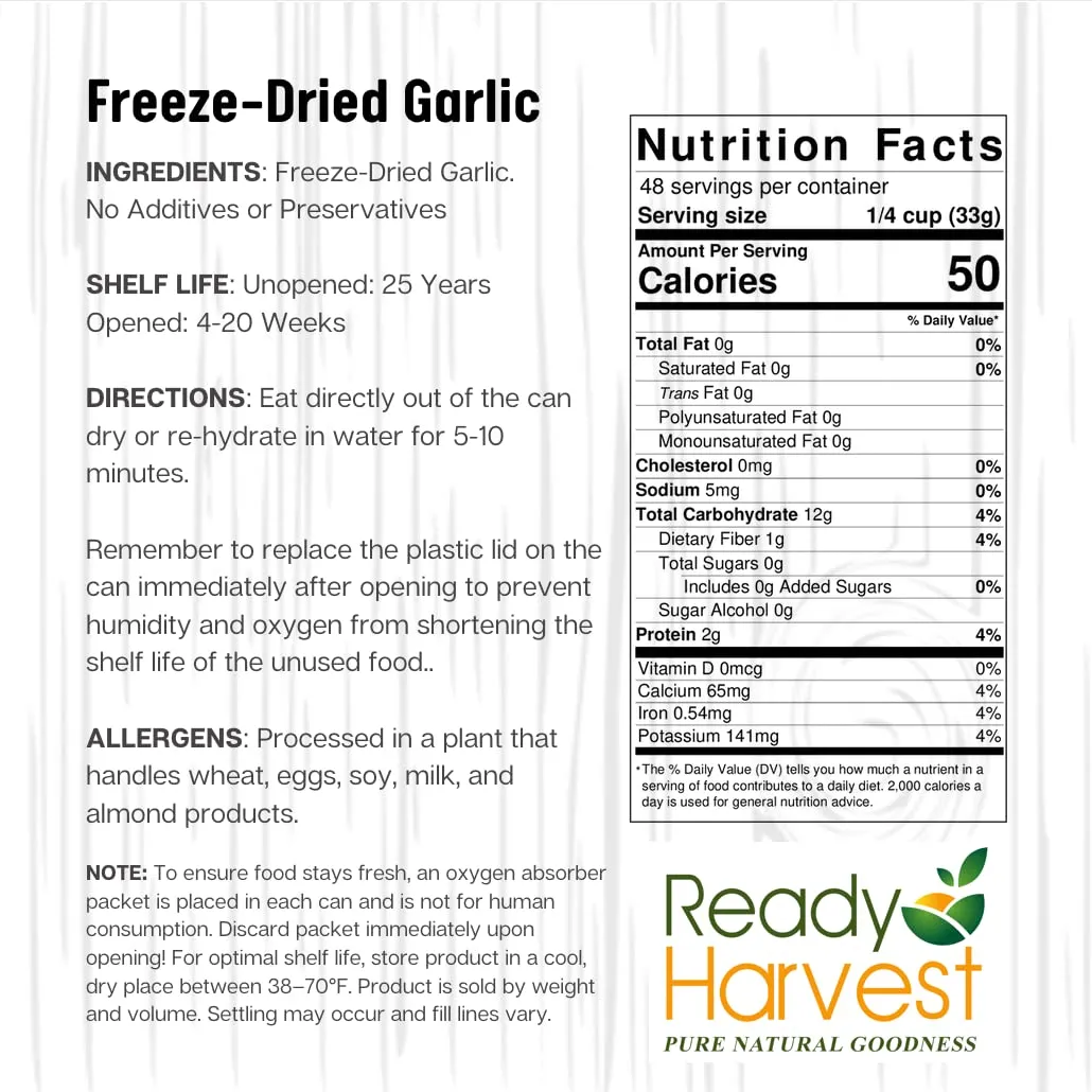 Ready Harvest Freeze-Dried Garlic for Camping Food | Camper Must-Haves Camping Essentials | Hurricane Preparedness Items as Survival Food | Pantry Staples | #10 Can | 25-Year Shelf Life | 1 can