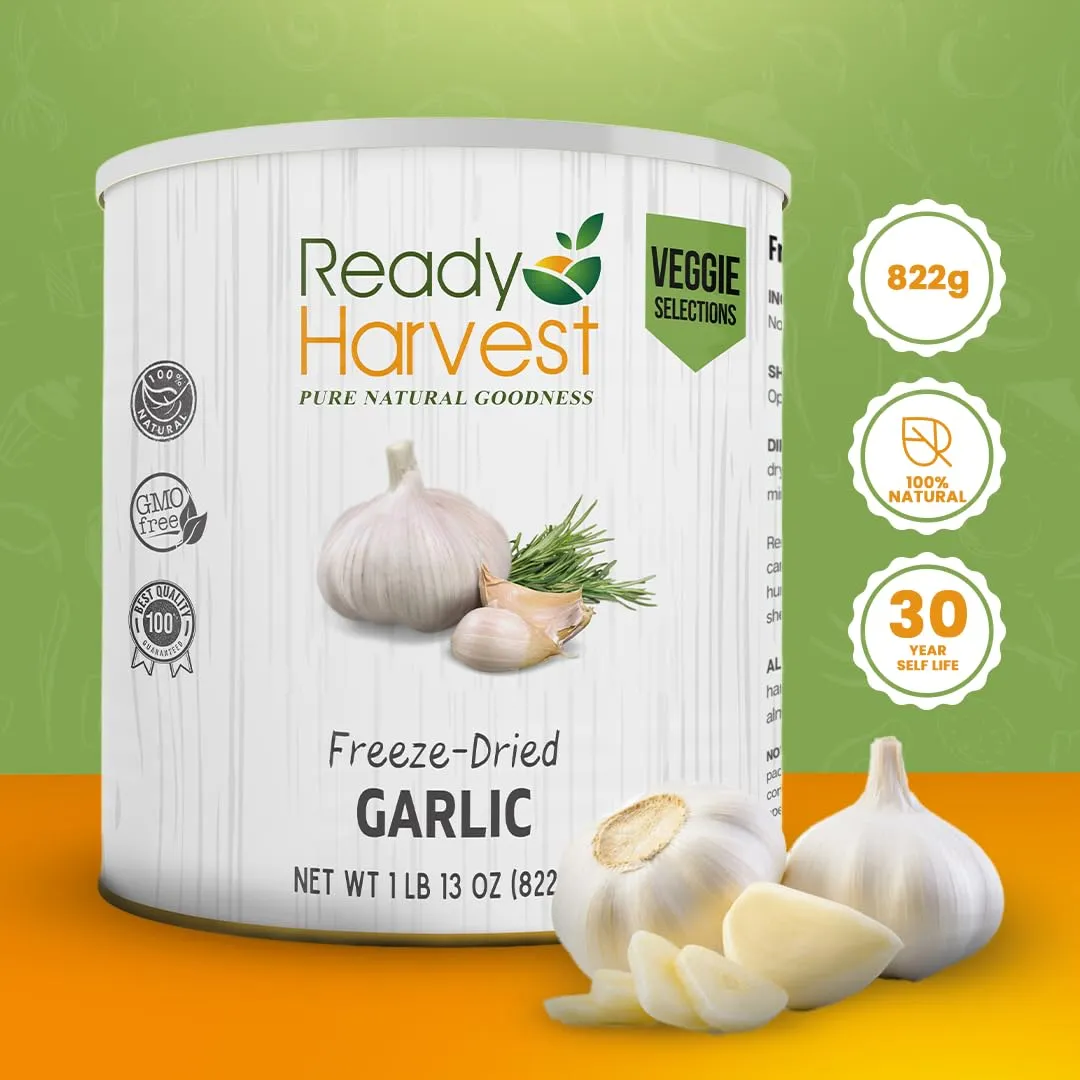 Ready Harvest Freeze-Dried Garlic for Camping Food | Camper Must-Haves Camping Essentials | Hurricane Preparedness Items as Survival Food | Pantry Staples | #10 Can | 25-Year Shelf Life | 1 can