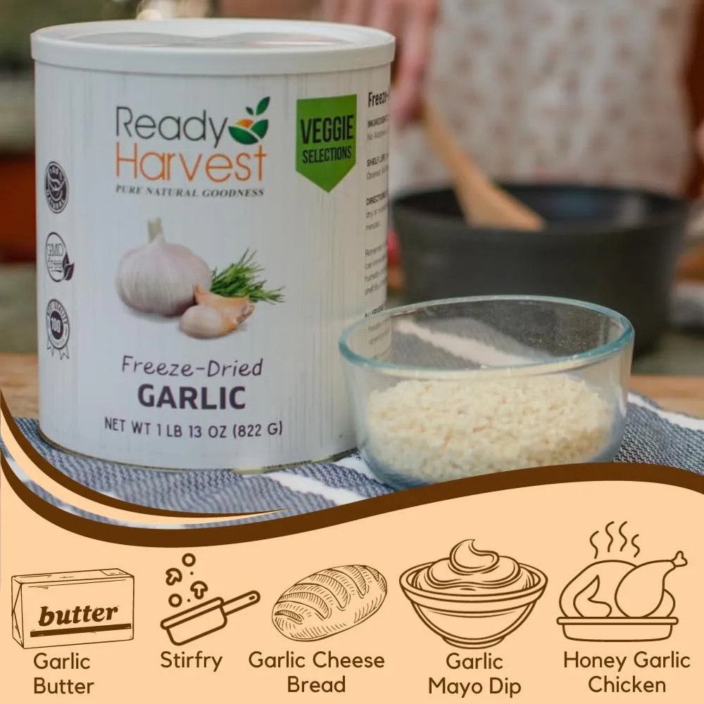 Ready Harvest Freeze-Dried Garlic for Camping Food | Camper Must-Haves Camping Essentials | Hurricane Preparedness Items as Survival Food | Pantry Staples | #10 Can | 25-Year Shelf Life | 1 can
