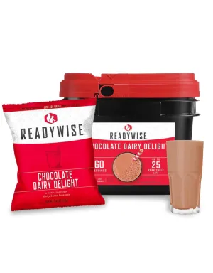 READYWISE - Whey Chocolate Milk Drink Bucket, 60 Servings, Emergency, MRE Meal & Drink Supply, Premade, Freeze Dried Survival Drink for Hiking, Adventure and Camping Essentials, Individually Packaged, up to 25 Year Shelf Life