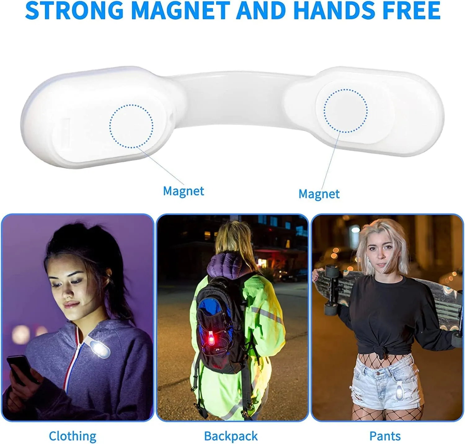Rechargeable Clip on Light, Magnetic LED Safety Light, Hands Free LED Flashlight, Mini Emergency Flashlight, Reflective Gear for Walking at Night, Silicone with 4 Light Modes