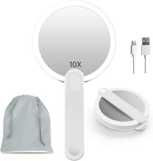 Rechargeable Handheld Mirror with Light, 1X/10X Magnifying Hand Mirror with Light Portable Travel Mirror Dust-Proof Carry Pouch & Rotating Handle Switch, Lighted Handheld Mirror for Skincare