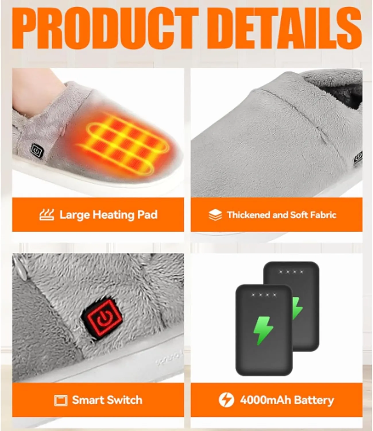 Rechargeable Heated Slippers Foot Warmer for Cold Feet, USB Heated Slippers Foot Warmer Shoes Lightweight House Slippers with 4000mah Battery Pack 3 Adjustable Temp Settings for Women Men(Size:38-39,C