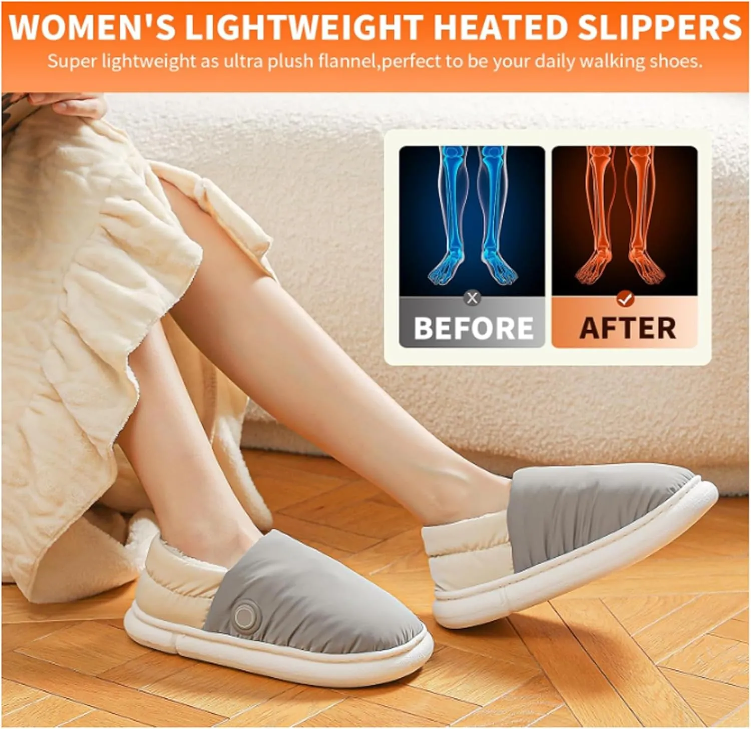Rechargeable Heated Slippers Foot Warmer for Cold Feet, USB Heated Slippers Foot Warmer Shoes Lightweight House Slippers with 4000mah Battery Pack 3 Adjustable Temp Settings for Women Men(Size:38-39,C