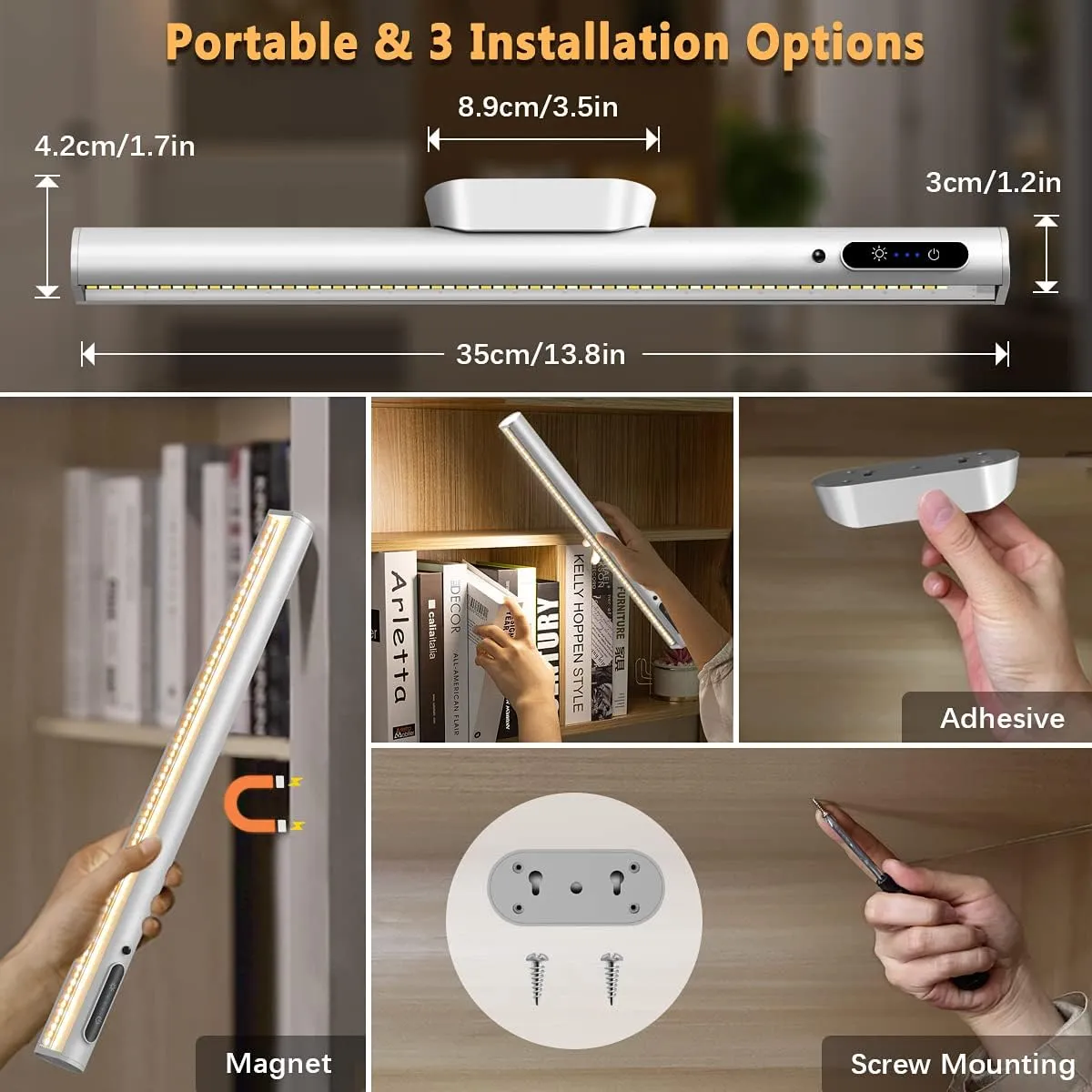 Rechargeable Magnetic LED Light Bar with Remote, Under Cabinet Lighting Wireless, Battery Powered Operated Wall Strip Lights, Dimmable Desk Lamp for Picture Shelf Closet Kitchen – Silver