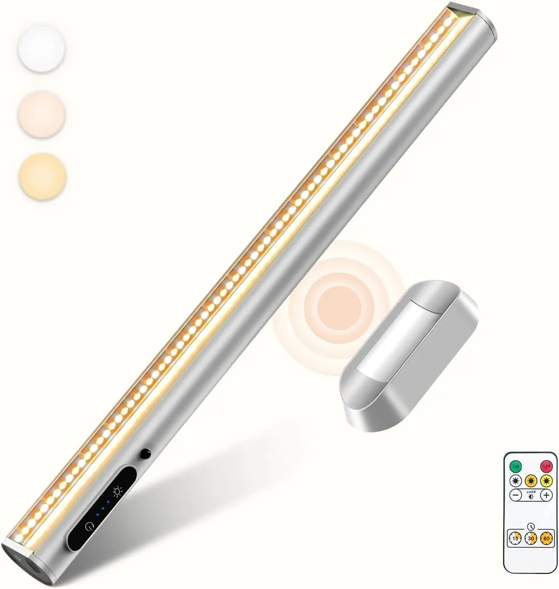 Rechargeable Magnetic LED Light Bar with Remote, Under Cabinet Lighting Wireless, Battery Powered Operated Wall Strip Lights, Dimmable Desk Lamp for Picture Shelf Closet Kitchen – Silver