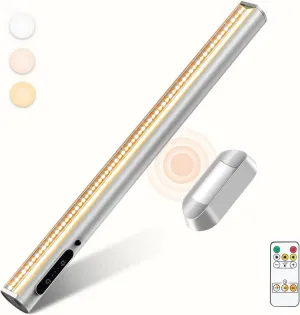 Rechargeable Magnetic LED Light Bar with Remote, Under Cabinet Lighting Wireless, Battery Powered Operated Wall Strip Lights, Dimmable Desk Lamp for Picture Shelf Closet Kitchen – Silver