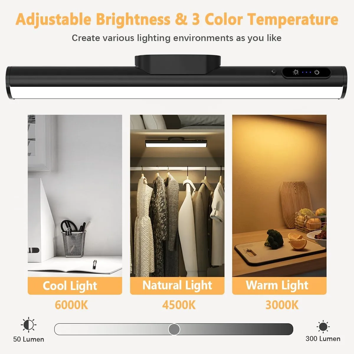 Rechargeable Magnetic LED Light Bar with Remote, Under Cabinet Lighting Wireless, Battery Powered Operated Wall Strip Lights, Dimmable Desk Lamp for Shelf Closet Picture Kitchen - Black