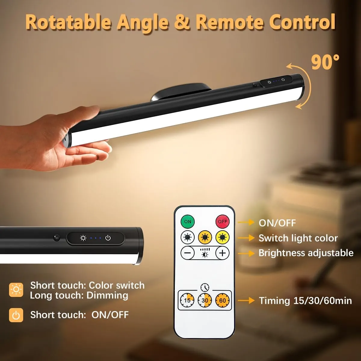 Rechargeable Magnetic LED Light Bar with Remote, Under Cabinet Lighting Wireless, Battery Powered Operated Wall Strip Lights, Dimmable Desk Lamp for Shelf Closet Picture Kitchen - Black