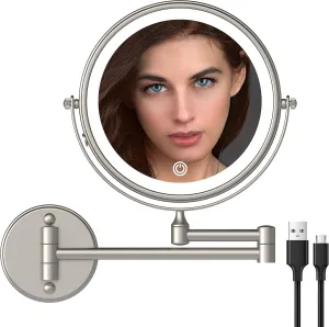 Rechargeable Makeup Mirror Wall Mounted with Double Side 1X/10X Magnification,3 Color Lights Touch Screen and 360° Swivel Extendable(Brushed Grey)