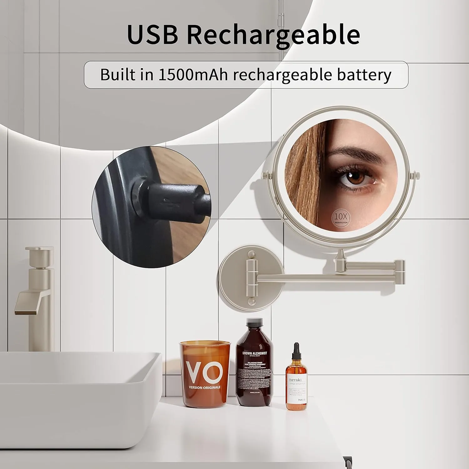 Rechargeable Makeup Mirror Wall Mounted with Double Side 1X/10X Magnification,3 Color Lights Touch Screen and 360° Swivel Extendable(Brushed Grey)