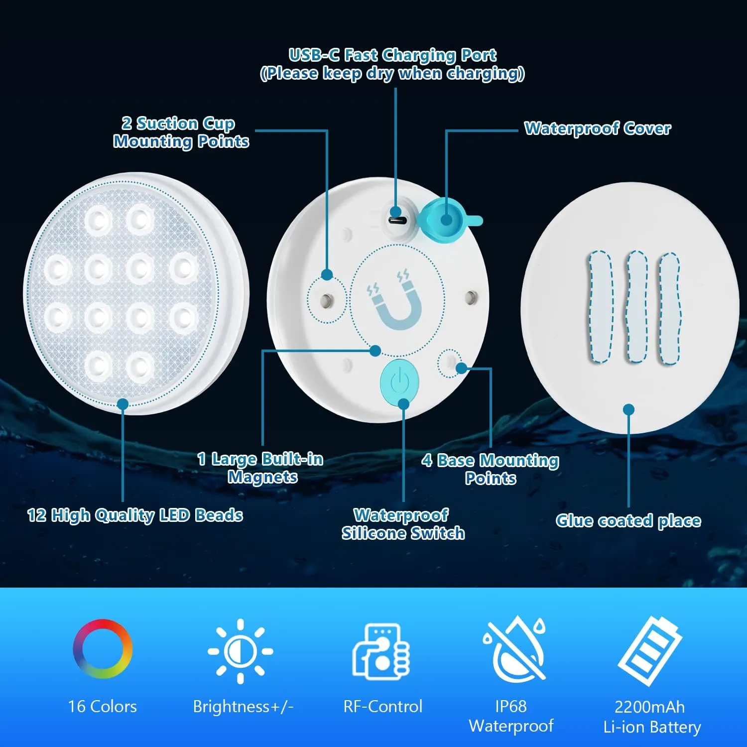 Rechargeable Pool Lights Submersible LED Lights with Remote, IP68 Waterproof Underwater Lights,16 Color Changing Floating Light with Magnet, Suction Cups for Pool,Pond,Party (2-Pack)