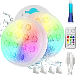 Rechargeable Pool Lights Submersible LED Lights with Remote, IP68 Waterproof Underwater Lights,16 Color Changing Floating Light with Magnet, Suction Cups for Pool,Pond,Party (2-Pack)