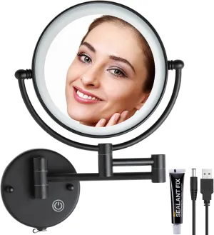 Rechargeable Wall Mounted 1X/5X Magnifying Bathroom Makeup Mirror with Light, Extended Arm 360 Rotation 8" Shaving Vanity Mirror, No Pre-Installed Wire and SEALANT FIX, Matt Black