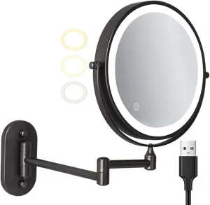 Rechargeable Wall Mounted Makeup Vanity Mirror with 3 Color Lights Touch Screen Dimmable,8 Inch Double Sided Magnifying & 360° Adjustable Cosmetic Mirror, Wall Mirror for Bathroom Shaving,Silver,3X (