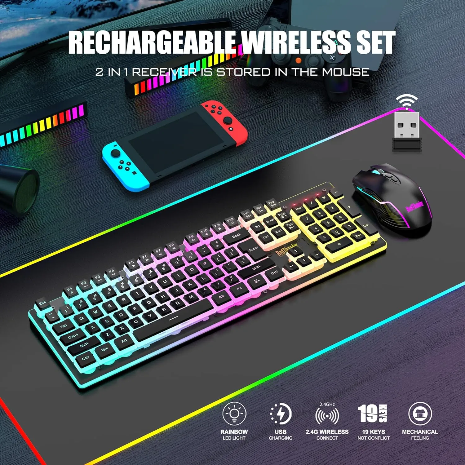 RedThunder K10 Wireless Gaming Keyboard and Mouse Combo, RGB Backlit Rechargeable 3800mAh Battery, Mechanical Feel Anti-ghosting Keyboard with Pudding Keycaps   7D 3200DPI Mice for PC Gamer (Black)