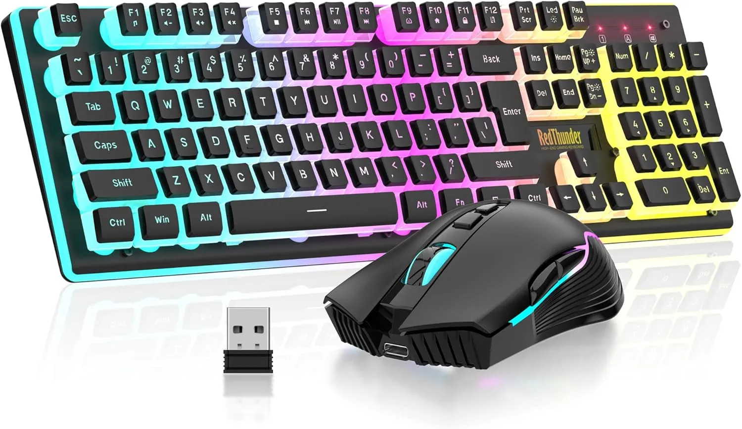 RedThunder K10 Wireless Gaming Keyboard and Mouse Combo, RGB Backlit Rechargeable 3800mAh Battery, Mechanical Feel Anti-ghosting Keyboard with Pudding Keycaps   7D 3200DPI Mice for PC Gamer (Black)
