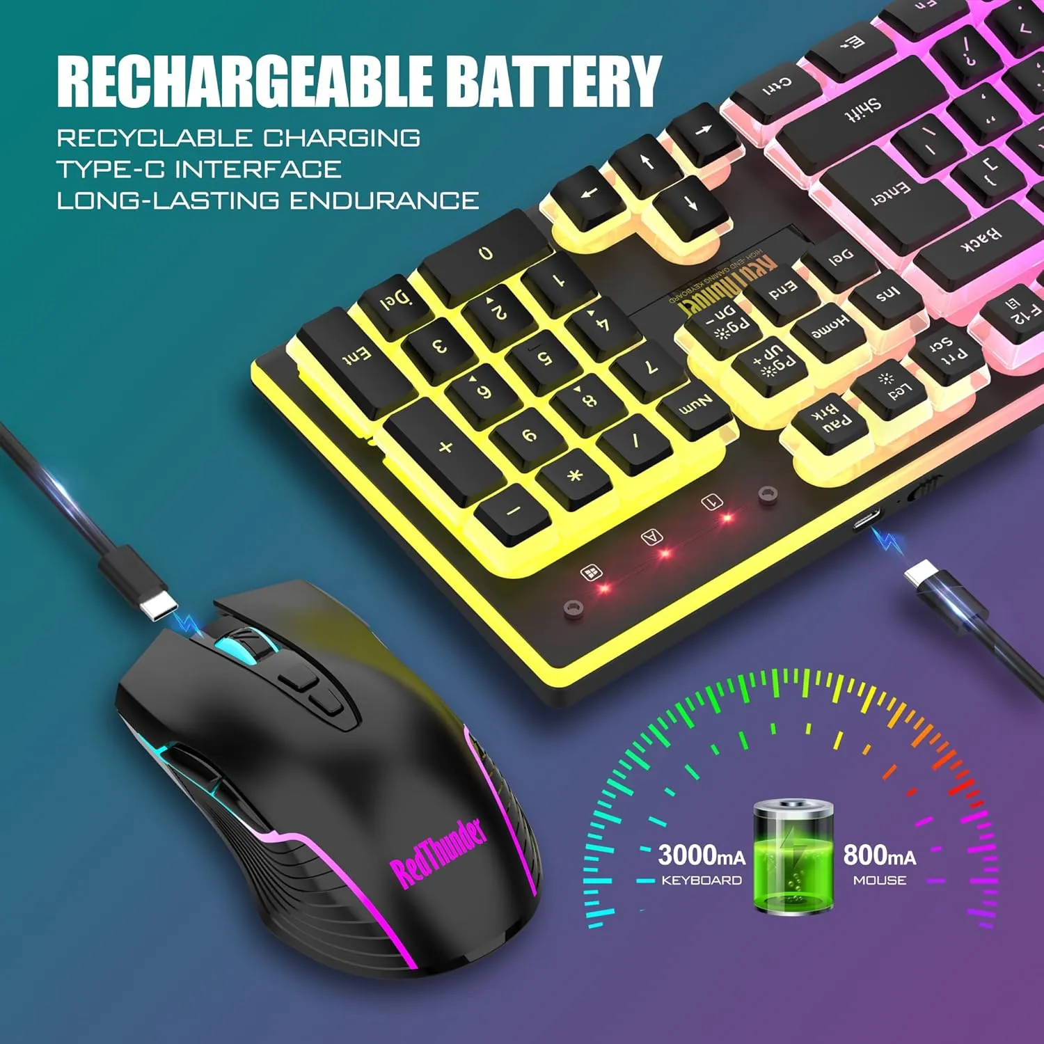 RedThunder K10 Wireless Gaming Keyboard and Mouse Combo, RGB Backlit Rechargeable 3800mAh Battery, Mechanical Feel Anti-ghosting Keyboard with Pudding Keycaps   7D 3200DPI Mice for PC Gamer (Black)
