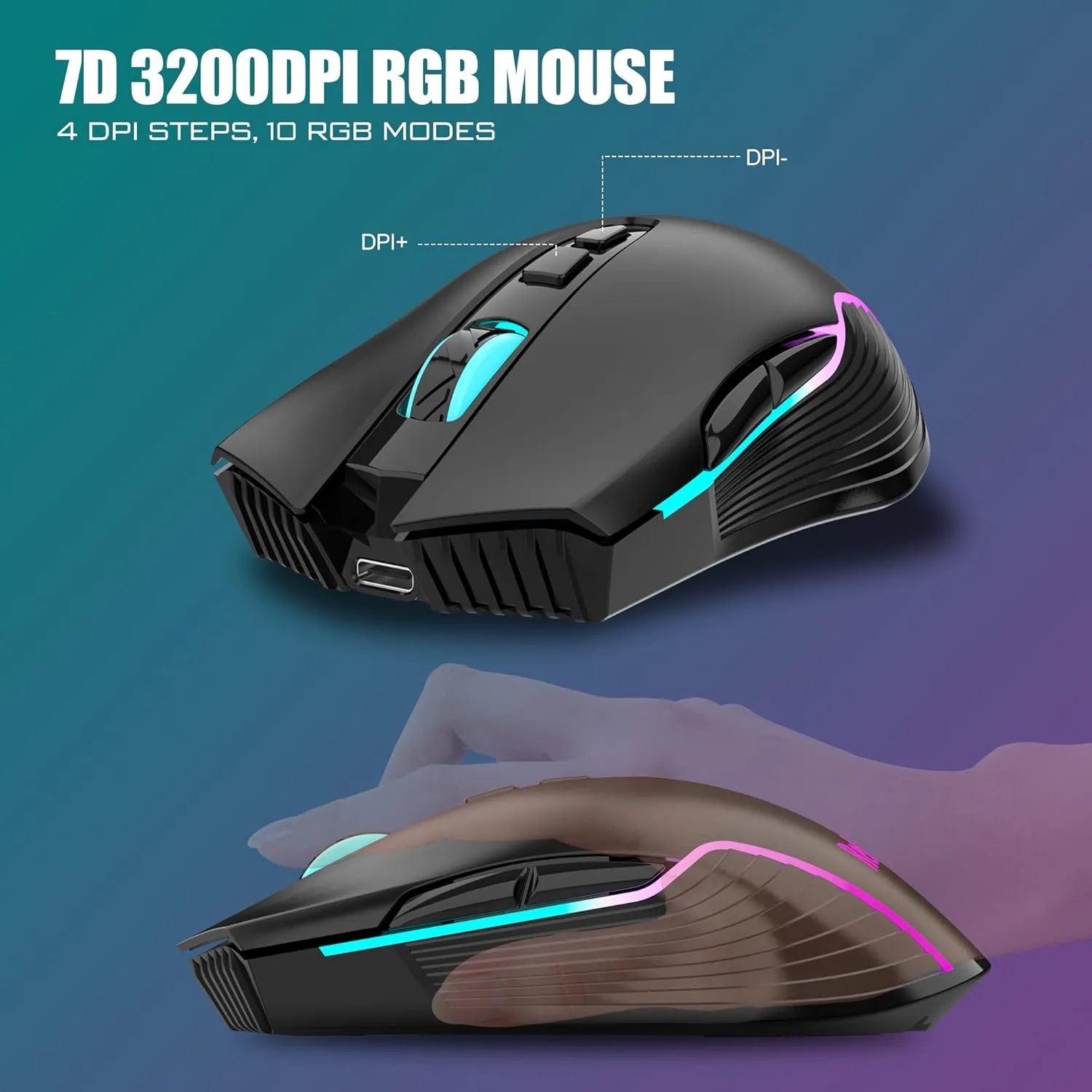 RedThunder K10 Wireless Gaming Keyboard and Mouse Combo, RGB Backlit Rechargeable 3800mAh Battery, Mechanical Feel Anti-ghosting Keyboard with Pudding Keycaps   7D 3200DPI Mice for PC Gamer (Black)