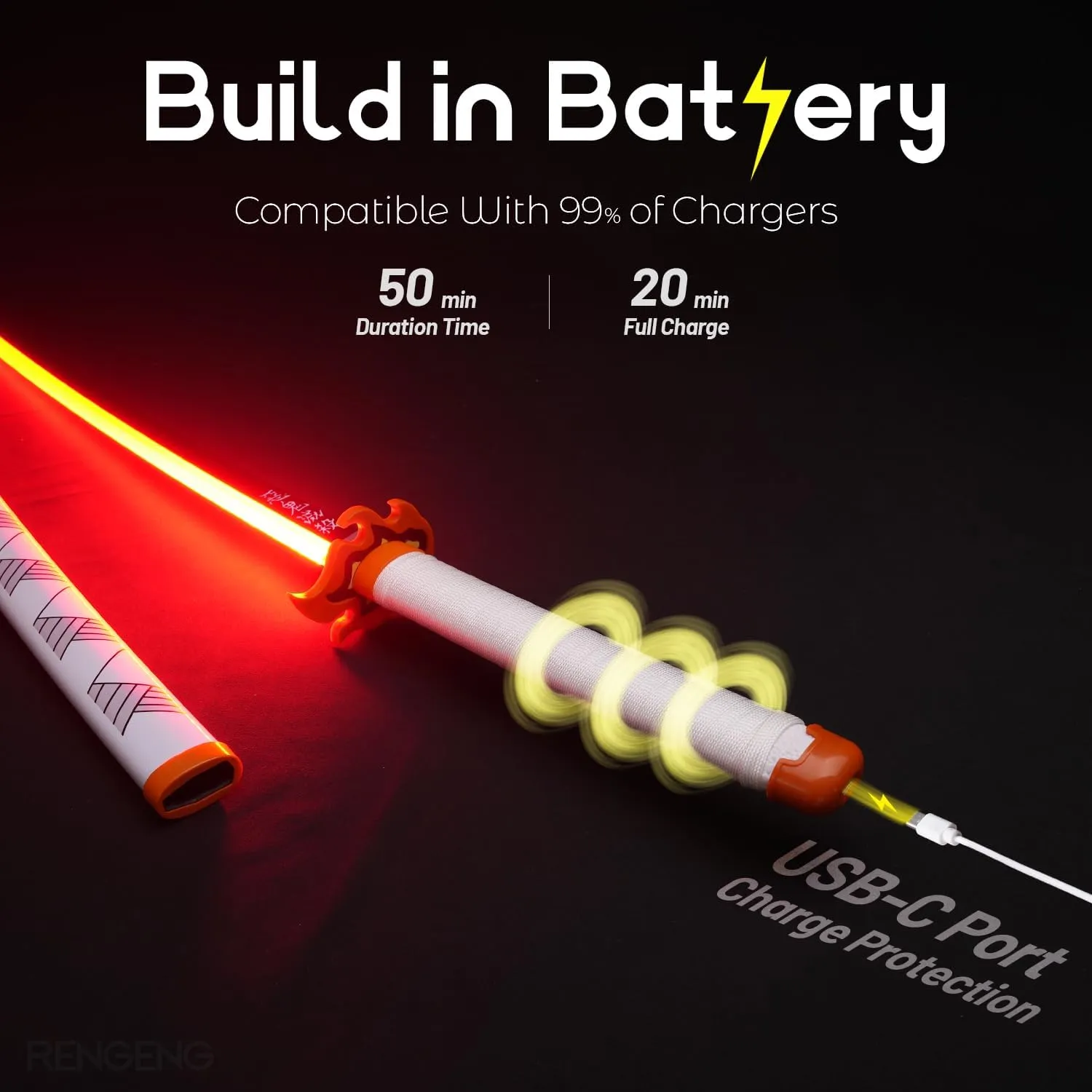 RENGENG Light Up Sword, 40 Inches Rechargeable Plastic Anime Replica with Belt & Stand, Original Texture Anime Sword