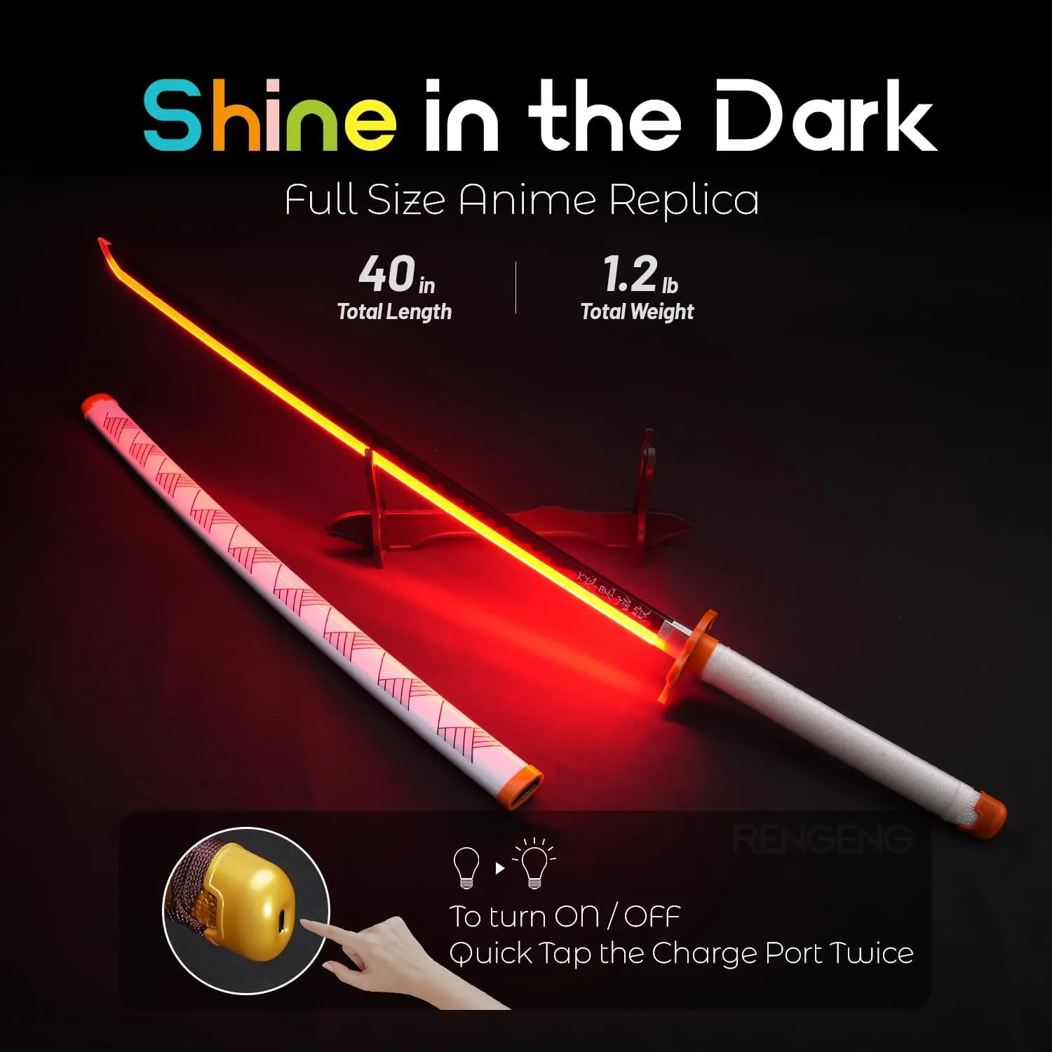 RENGENG Light Up Sword, 40 Inches Rechargeable Plastic Anime Replica with Belt & Stand, Original Texture Anime Sword