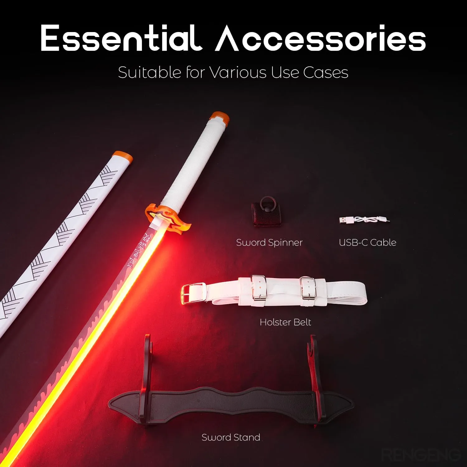 RENGENG Light Up Sword, 40 Inches Rechargeable Plastic Anime Replica with Belt & Stand, Original Texture Anime Sword