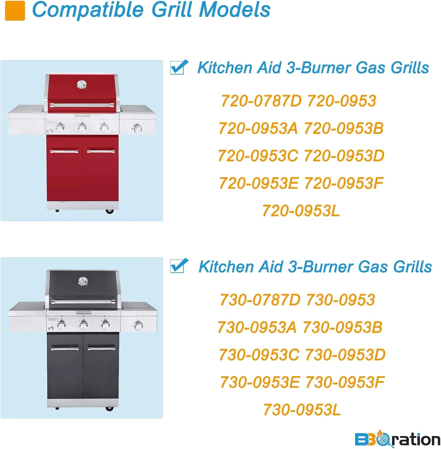 Replacement Kit for Kitchen Aid 720-0787D 730-0787D 720-0953 730-0953 720-0953L, 7MM Solid Stainless Steel Cooking Grates, Burner and Heat Plates Replacement Parts for Kitchen Aid Gas Grill