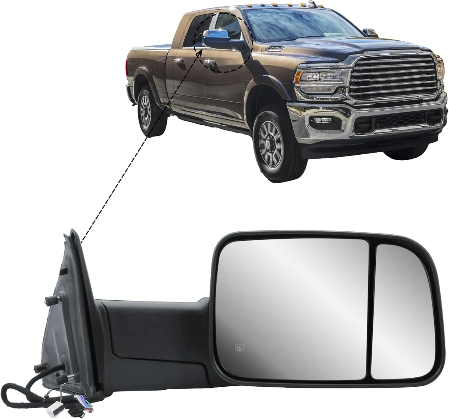Replacement Passenger Right Side Door Towing Mirror Black Cover Power and Heated Glass with Turn Signal Light and Puddle Light Manual Folding and Temperature Sensor For Ram 1500 2500 3500 2009-2018