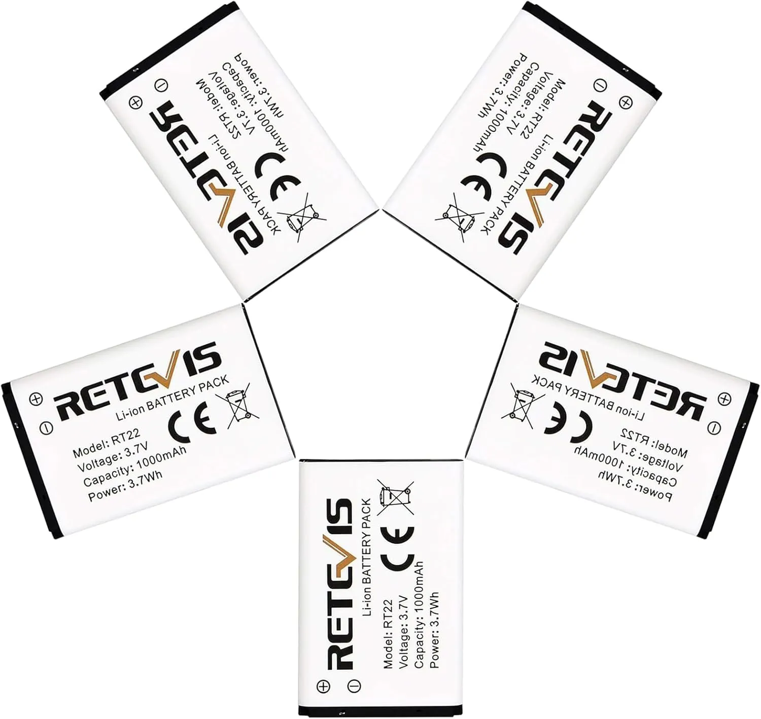 Retevis RT22 RT22S RT15 RT19 walkie talkies Battery Original 3.7V Li-ion Battery 1000mAh Compatible RT22 RT22S RT15 RT19 WLN KD-C1 Walkie Talkies (5 Pack)