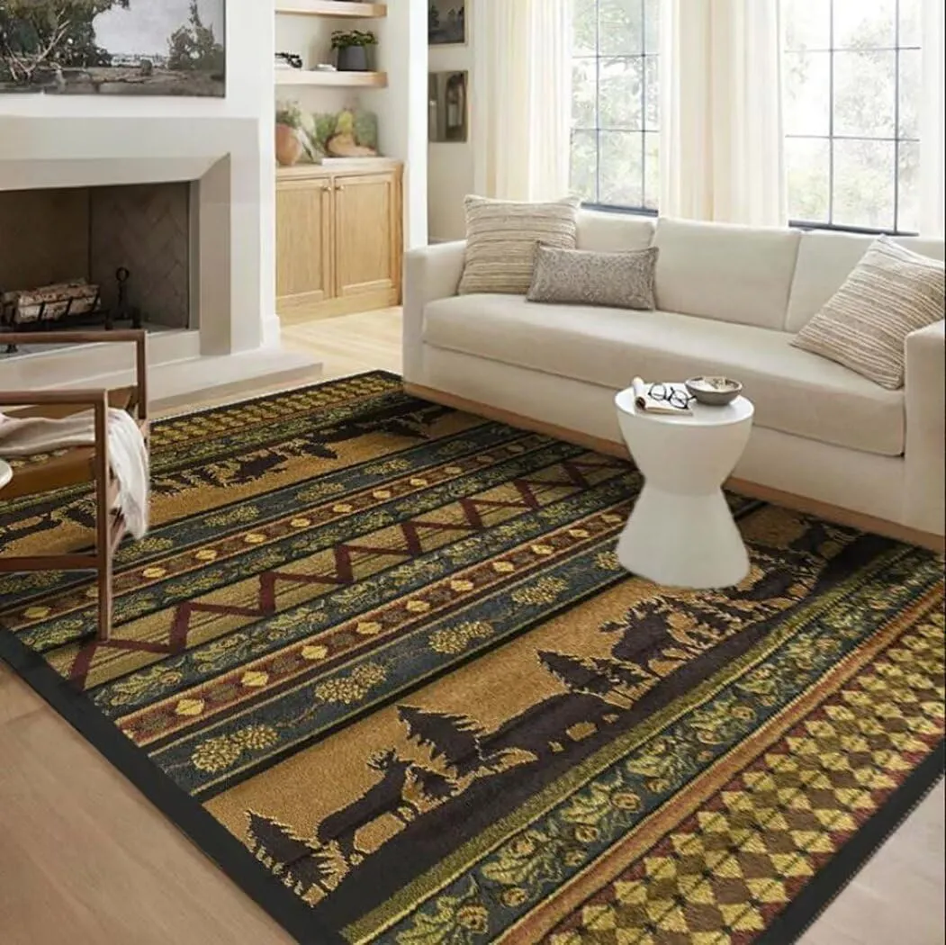 Retro Lodge Cabin Forest Moose Rectangular Rugs Geometric Distressed Abstract Area Rug 4x6ft for Study Room Hallway Low Pile Mats