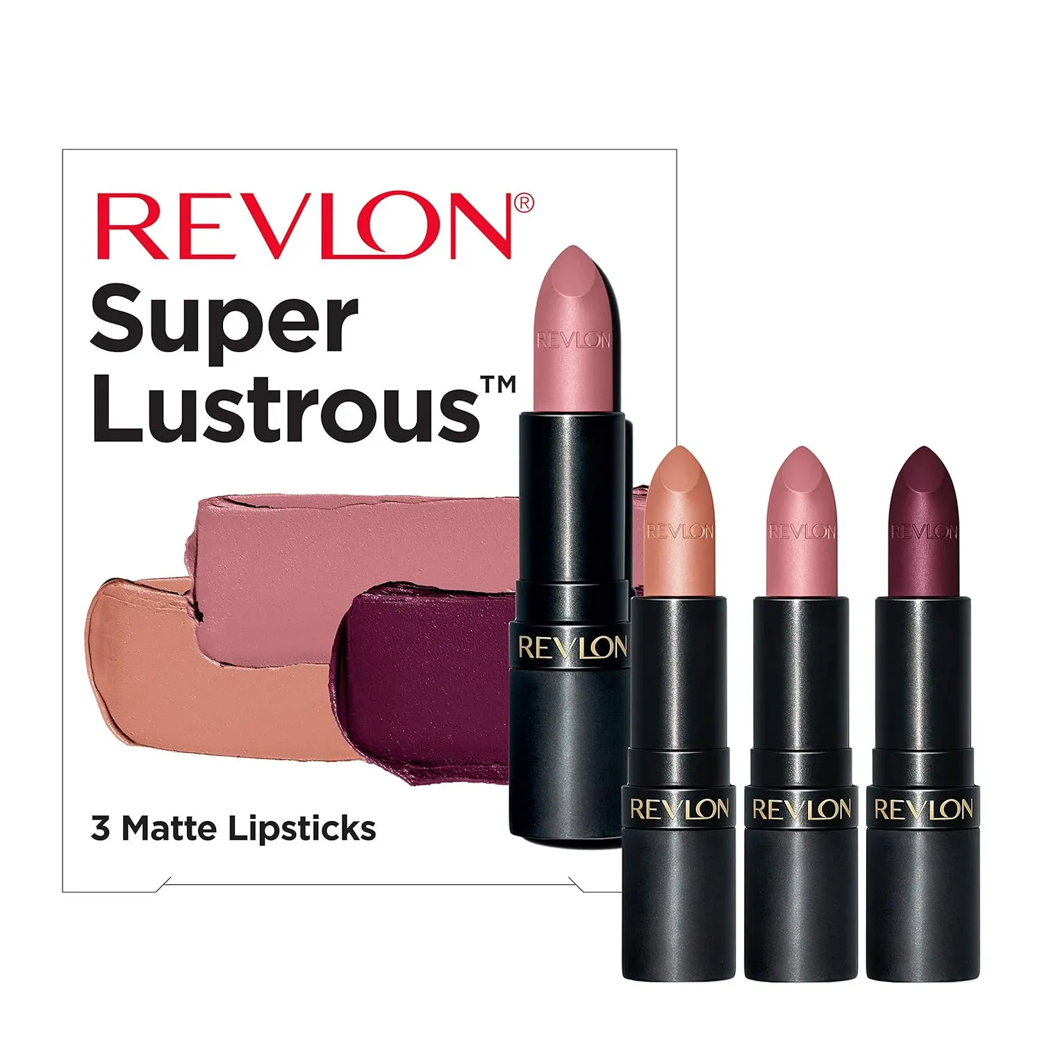 REVLON Lipstick Set, Super Lustrous 3 Piece Gift Set, High Impact, Matte Finish in Nude Pink & Berry, Pack of 3