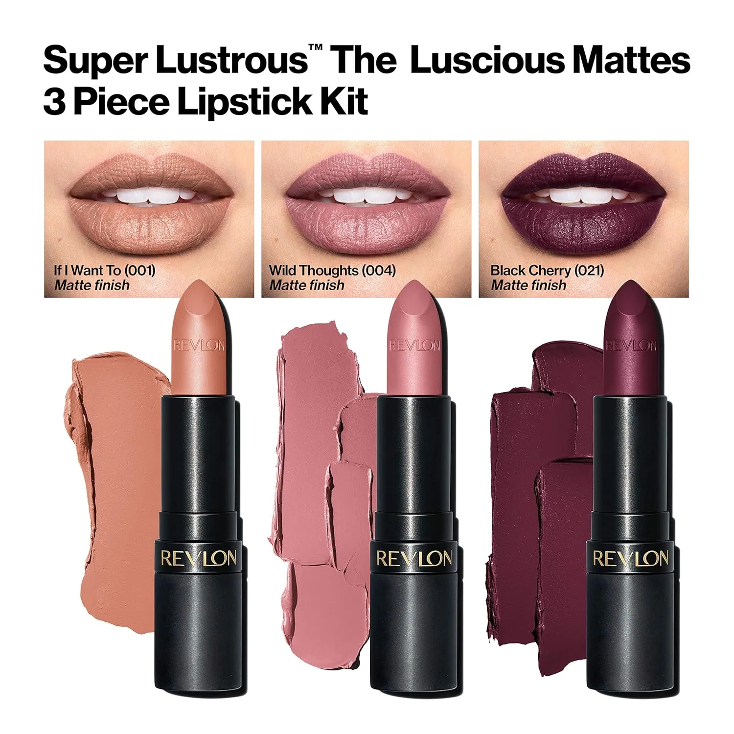REVLON Lipstick Set, Super Lustrous 3 Piece Gift Set, High Impact, Matte Finish in Nude Pink & Berry, Pack of 3