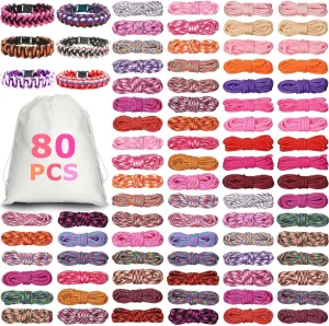 Riakrum 80 Pcs Paracord 550 10 Feet Paracord Cord Parachute Ropes Multifunction Bracelets Making Kit with Drawstring Bag for DIY Making Lanyard Dog Collar Gift Crafting