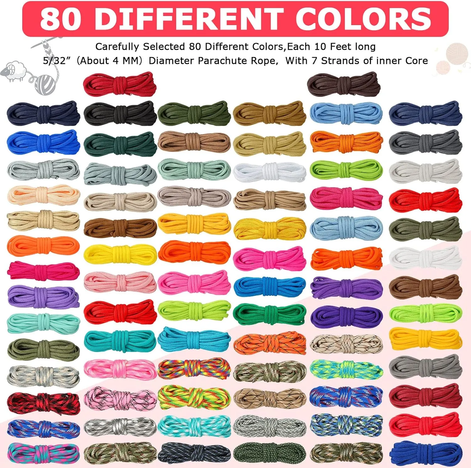 Riakrum 80 Pcs Paracord 550 10 Feet Paracord Cord Parachute Ropes Multifunction Bracelets Making Kit with Drawstring Bag for DIY Making Lanyard Dog Collar Gift Crafting