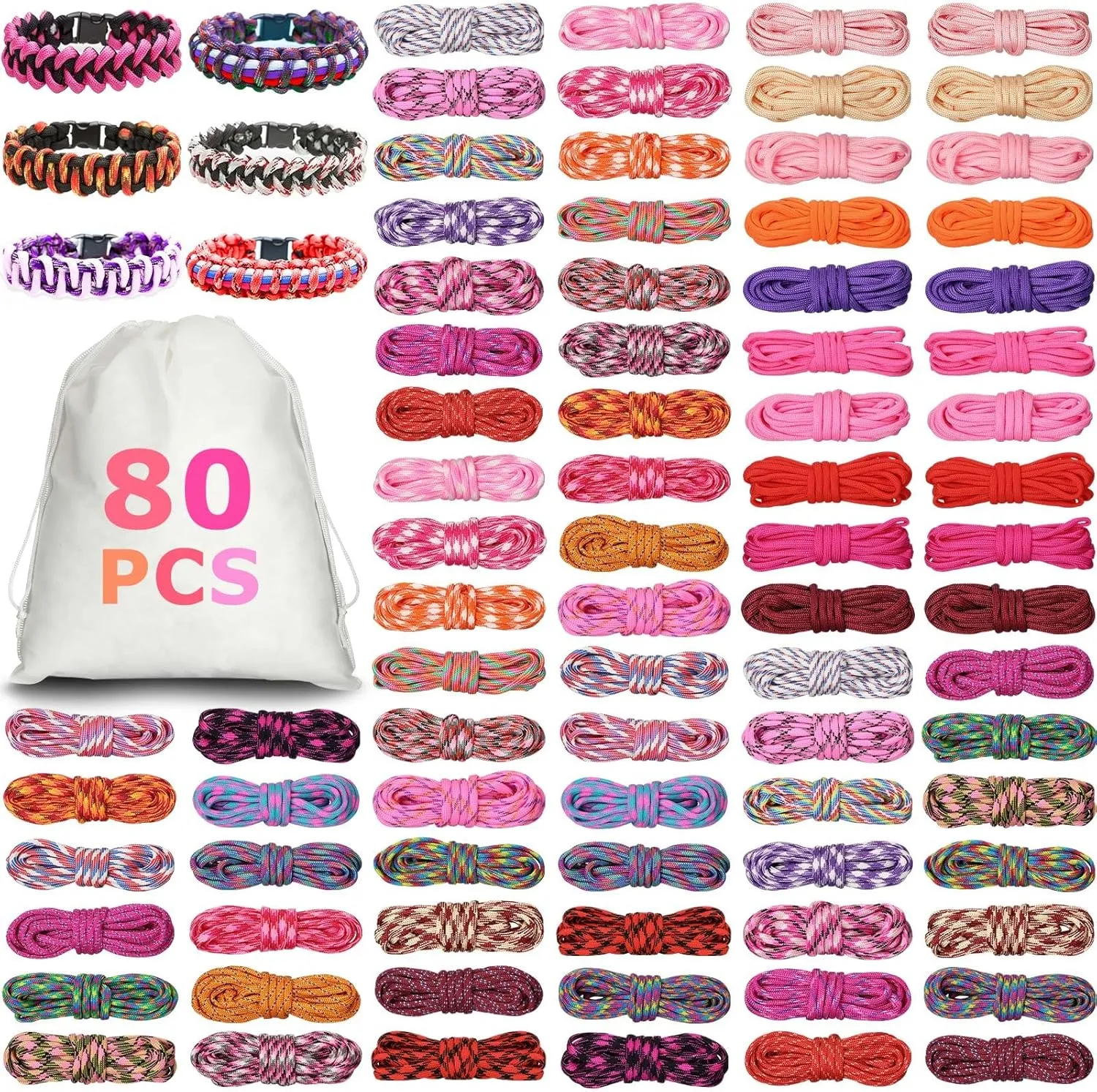 Riakrum 80 Pcs Paracord 550 10 Feet Paracord Cord Parachute Ropes Multifunction Bracelets Making Kit with Drawstring Bag for DIY Making Lanyard Dog Collar Gift Crafting