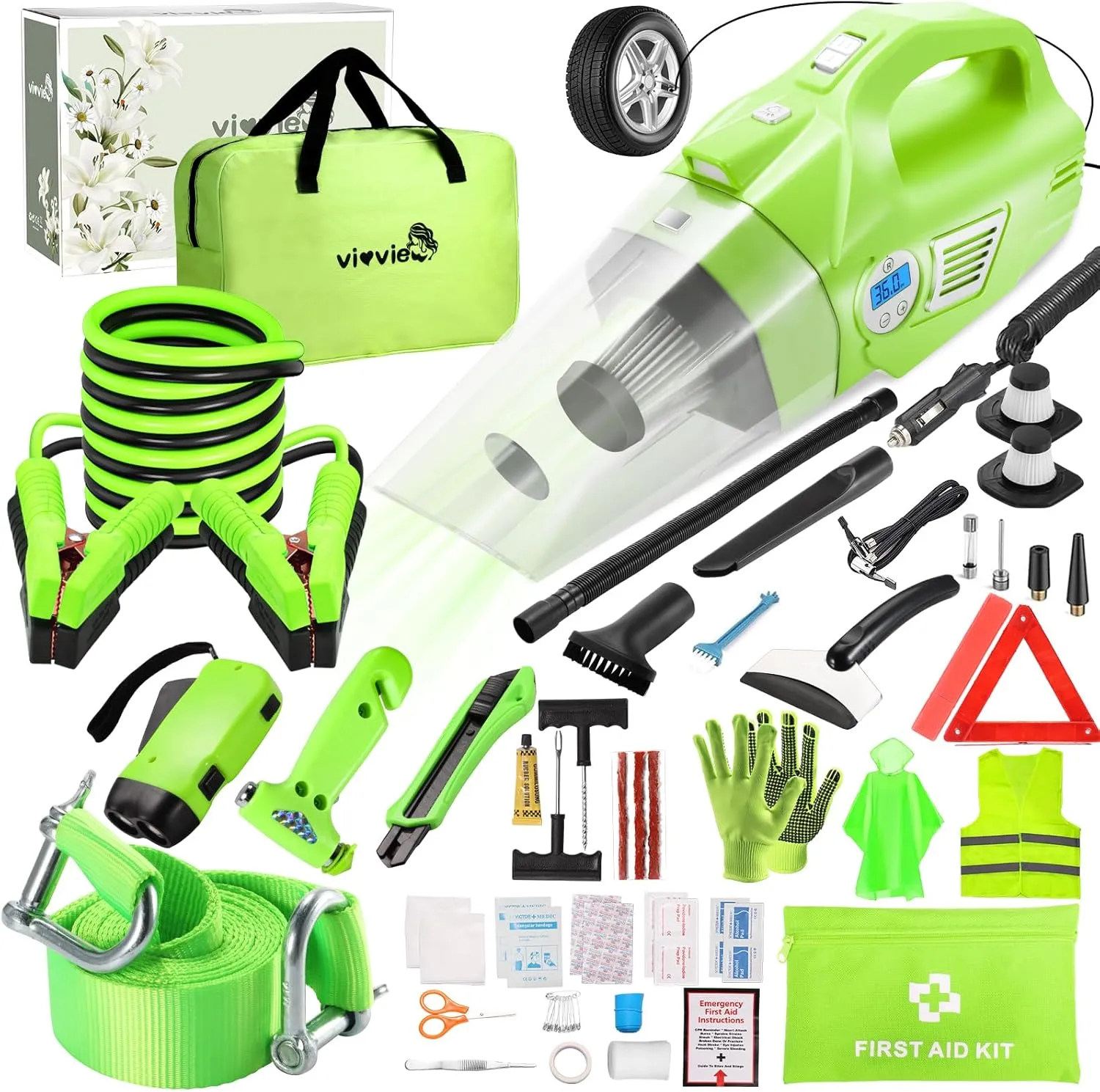 Roadside Emergency Car Kit for Vehicles, Car Safety Kit with 4 in 1 Inflatable Car Vacuum Cleaner, Jumper Cables, Tow Straps, First Aid Kit, Car Must Haves Road Trip Essentials for Men Women