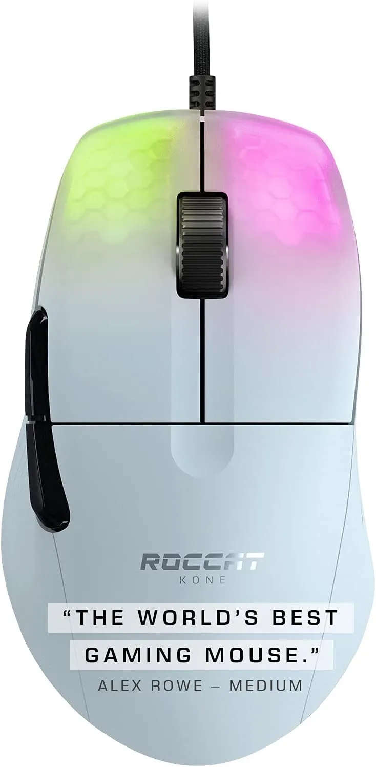 ROCCAT Kone Pro PC Gaming Mouse, Lightweight Ergonomic Design, Titan Switch Optical, AIMO RGB Lighting, Superlight Wired Computer Mouse, Titan Scroll Wheel, Bionic Shell, 19K DPI, White